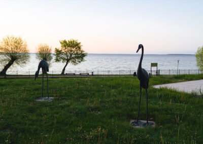 Garten mit See im Hintergrund bei Abendlicht und Sonnenuntergang. Auf dem Rasen stehen große Reiherskulpturen.